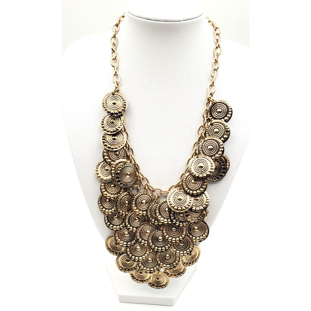 Vintage Statement Bib Necklace Layered Embossed Disks 20" Gold Tone
